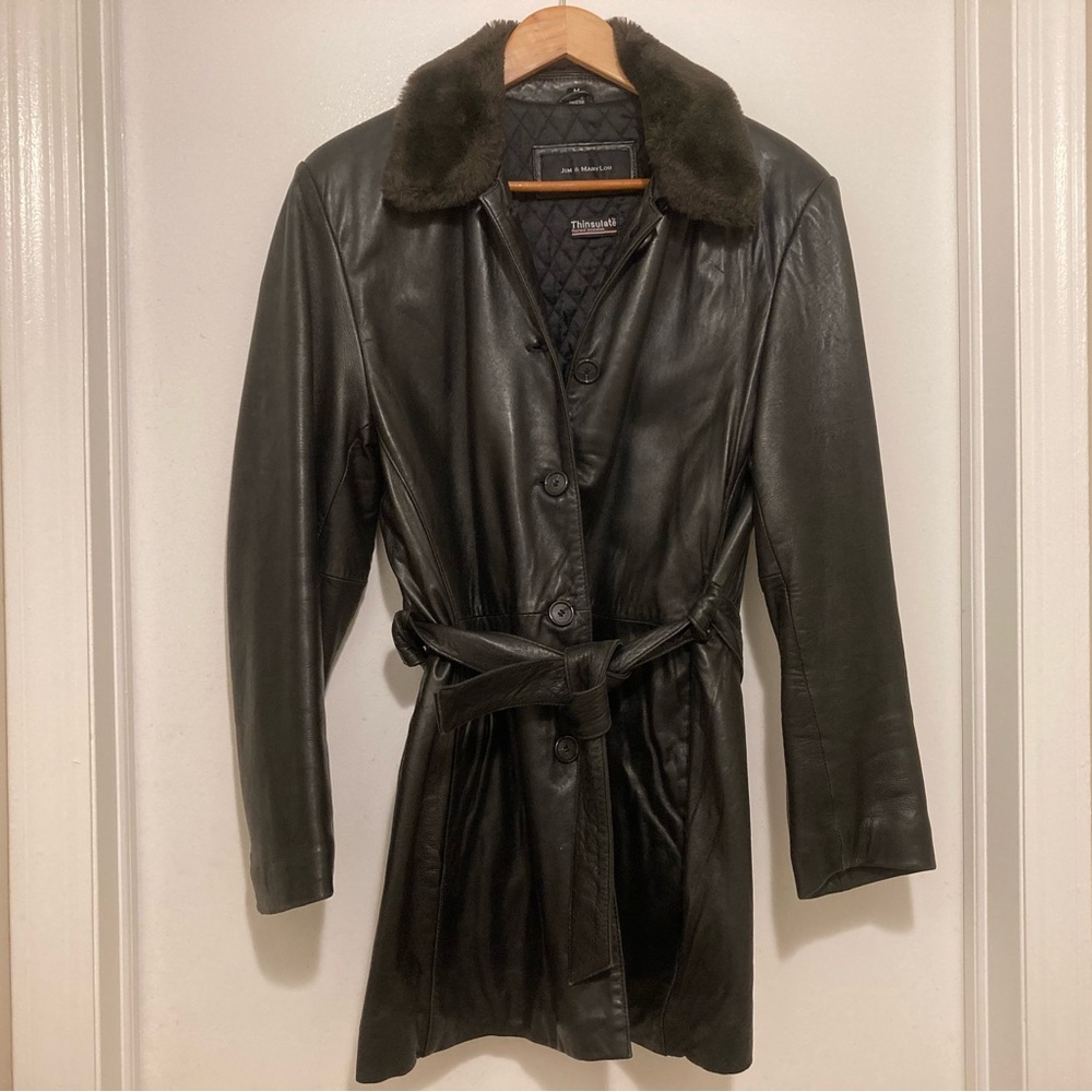 Jim & Marylou Genuine Leather Women’s Coat With Faux Fur Collar Black Size M